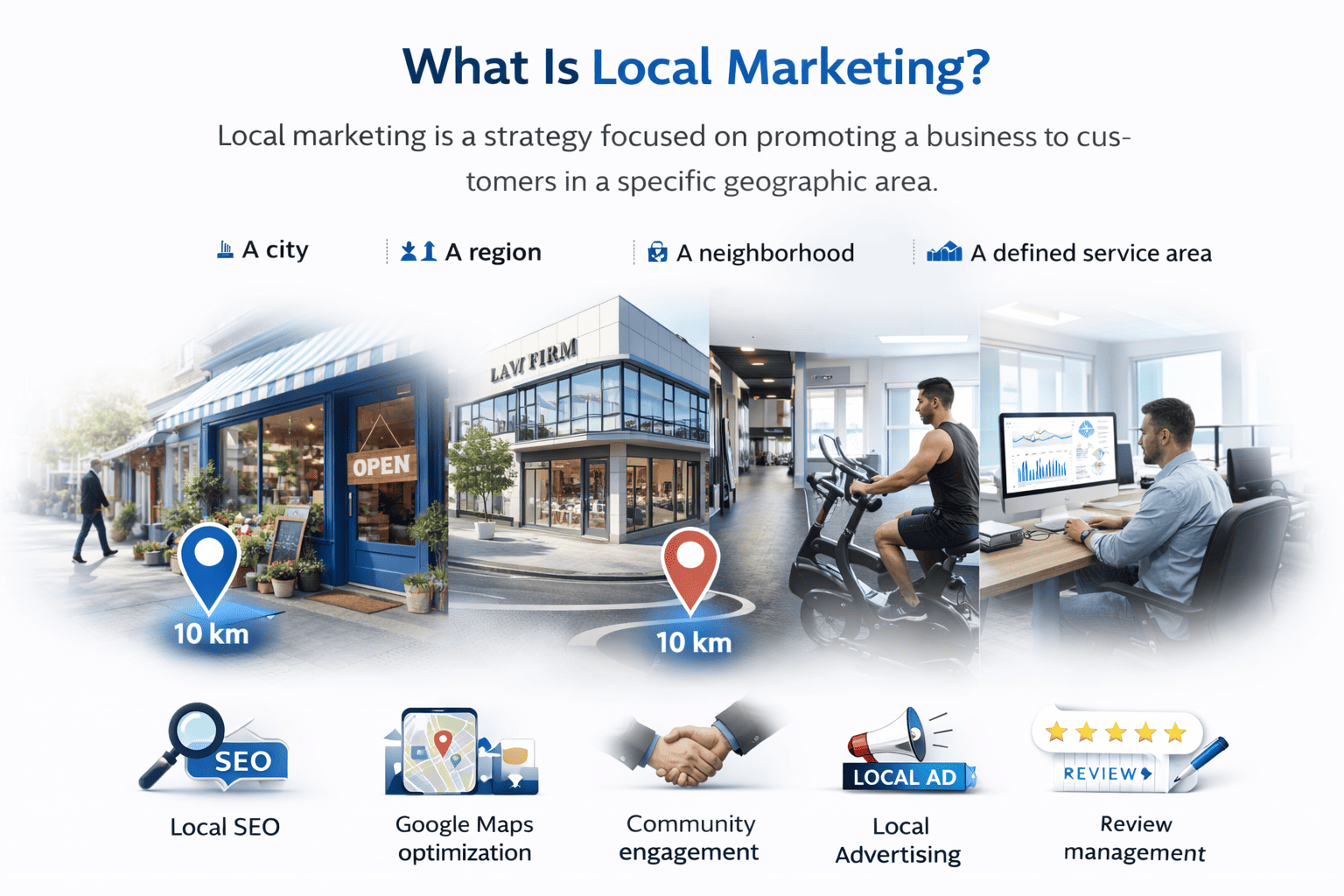 Local marketing is a strategy focused on promoting a business to customers in a specific geographic area