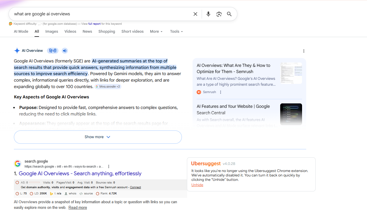 Google AI Overviews example showing AI-generated search summary results in 2026